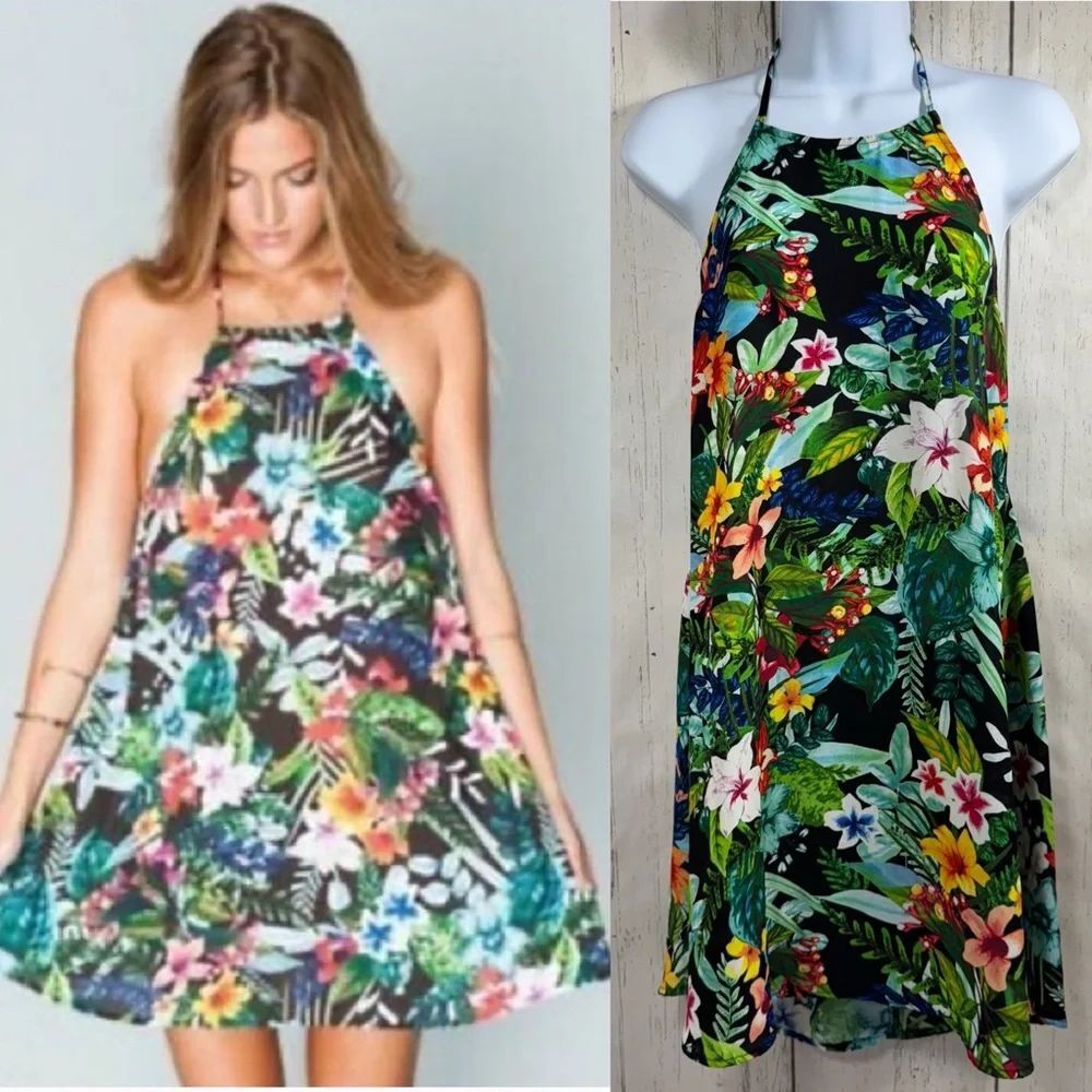 Show Me Your Mumu Tropical Floral Halter Swing Dress Hawaiian Resort Boho Size L
